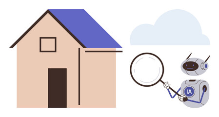Robot with magnifying glass inspecting beige house, accompanied by a cloud. Ideal for AI, property analysis, real estate, innovation, inspection, future technology, simple flat metaphor