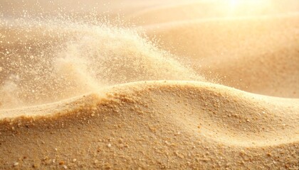 macro) sunlit sandy sand with fine grains of sand blowing in the wind on the dunes. The natural texture and golden color create a hot and dry desert atmosphere. Ideal for latad