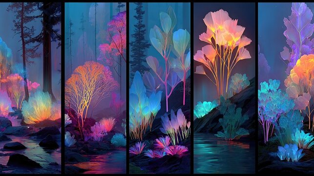 Neon glowing digital nature scenes showcasing glowing plants, vibrant neon colors, and magical environments perfect for digital art and fantasy visuals.