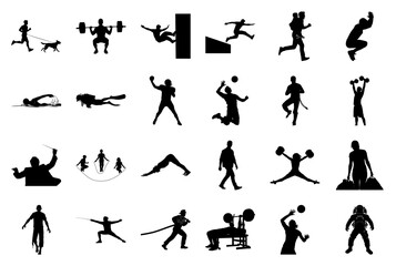 Obraz premium Silhouettes of People Participating in Sports and Occupations Keywords: silhouette, person