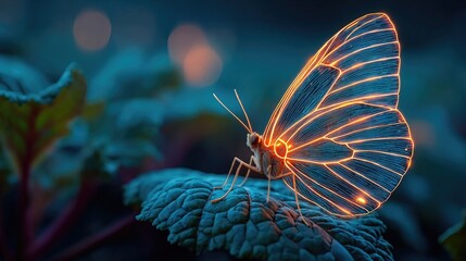 Neon glowing butterfly wings open above vegetable plant leaves, radiant insect silhouette and foliage textures in surreal garden light