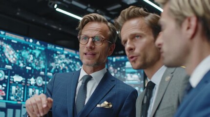 Strategic business team collaborating on data analysis in modern control room, driving innovation and success through teamwork and expertise in a dynamic enviro