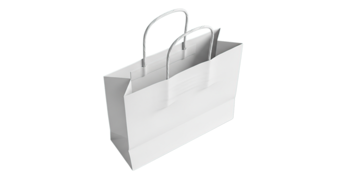 Empty white paper shopping bag for retail marketing purchases and sustainable packaging isolated on transparent background