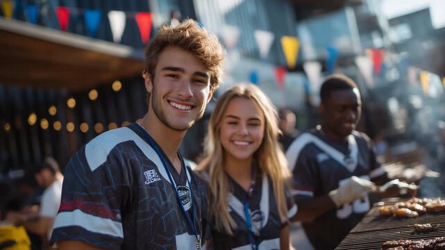 Group of smiling friends wearing team jerseys enjoying grilled food, sunlight gleaming off metal grills, stadium banners and festive decorations in the background