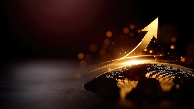 Golden glowing arrow over digital world map symbolizing economic growth, success and global business innovation, finance and technology development background