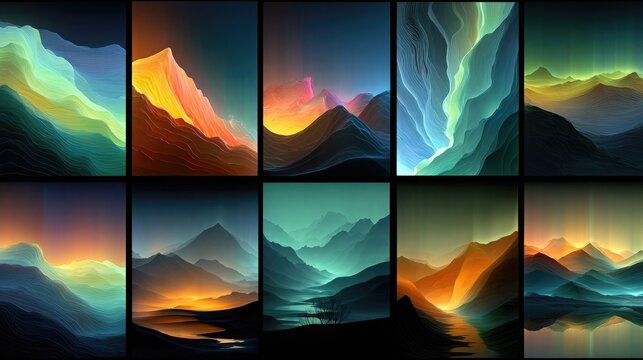 Neon glowing abstract landscapes showcasing vibrant colors, dynamic glowing forms, futuristic design perfect for digital backgrounds, NFTs, and creative art projects.