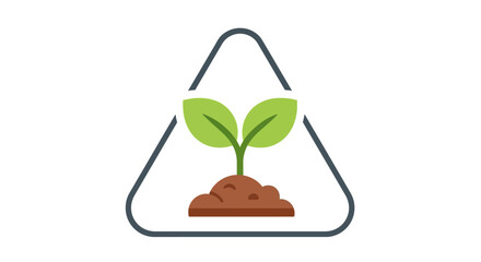 Simple illustration of a green seedling growing in brown soil within a triangular outline on a white background.