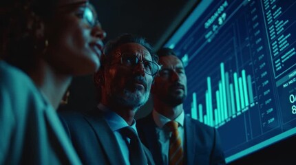 Dynamic business team analyzes financial data on screen, collaborating for strategic growth and success in modern office environment - Powered by Adobe