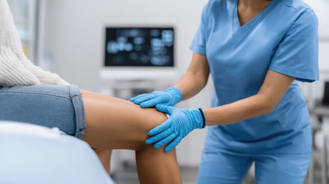 Medical examination of patient knee by healthcare professional wearing blue gloves, physical therapy and orthopedics concept in modern hospital or clinic background