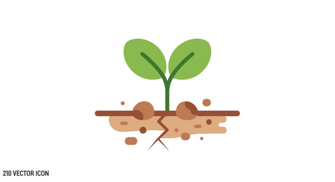 Vector illustration of a green sprout growing out of cracked dry earth with brown soil and small rocks on a plain white background.