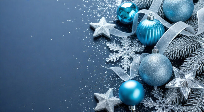 Blue and Silver Christmas Background: Winter Decoration with Baubles and Snow