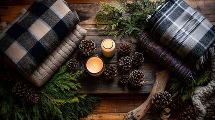 Rustic cabin holiday flat lay with plaid blankets, pinecones, candles and greenery around wooden center 