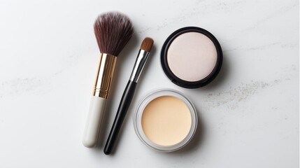 Set of makeup brushes and powder on white background, beauty and cosmetics concept for skincare, fashion and professional makeup design