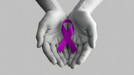 Human hands gently holding pink awareness ribbon symbolizing care, hope, cancer prevention, support, and medical health campaign concept