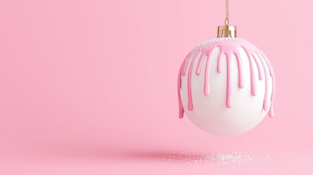 Pink Christmas Ornament With Dripping Pink Icing On White Ball Against Soft Pink, festive sweetness and holiday decor.