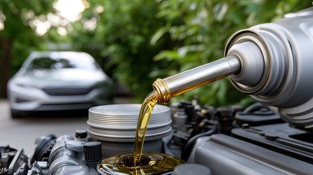 Maintenance of a car engine, including an oil change, takes place in a vibrant green outdoor environment under the sunlight