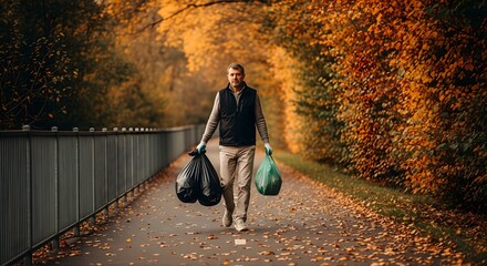 Volunteer cleans park from garbage during autumn season carrying trash bags while walking on path surrounded by colorful trees and fence with fallen leaves along way in outdoor setting