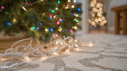 Holiday living room scene with Christmas tree, tangled colorful lights plugged into single extension cord, carpeted floor, subtle sparks hinting at potential fire hazard
