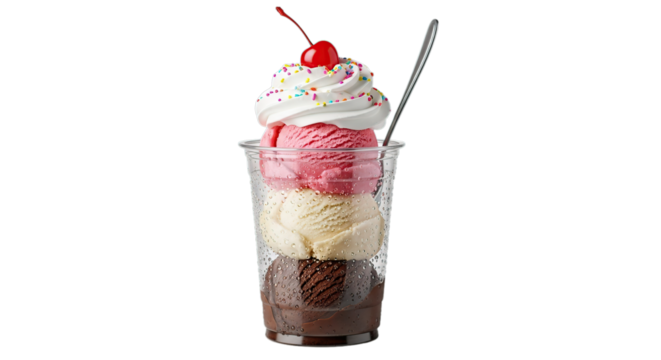 Classic ice cream sundae with multi-flavor scoops whipped cream sprinkles cherry isolated on transparent background