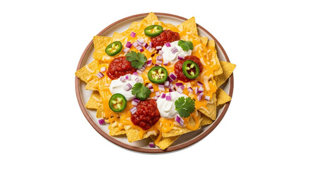 Savory loaded nachos with melted cheese salsa sour cream jalapeños classic Mexican appetizer isolated on transparent background