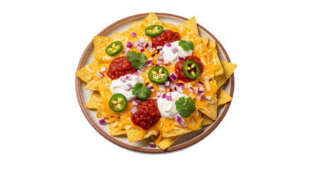 Savory loaded nachos with melted cheese salsa sour cream jalapeños classic Mexican appetizer isolated on transparent background