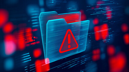 Conceptual cybersecurity image of digital documents streaming with alert symbol, representing data vulnerability, cyber threats and the growing need for secure information systems worldwide