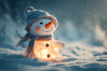 Frosty snowman standing in snow covered forest with festive mood winter wonderland holiday decoration concept snowman on the snow