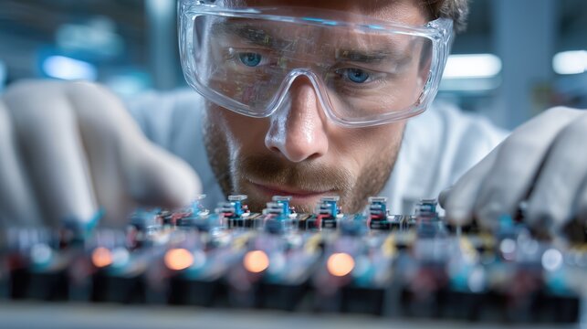 Engineer working with electronic circuit board, technology and innovation concept for research and development in modern laboratory