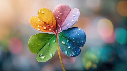 Macro of rainbow-colored clover leaf with water drops, concept of luck, diversity and nature beauty in creative photography