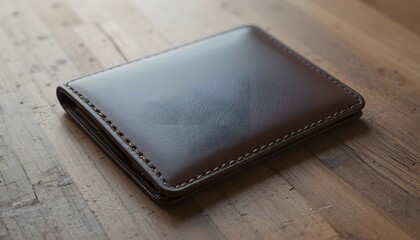 Stylish brown leather wallet on weathered wooden surface, embodying classic elegance and sophisticated taste for discerning individuals, showcasing craftsmanship