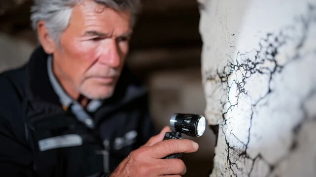 Inspector examining deep crack in basement wall, flashlight focused on damaged area, moisture stains and rough textures highlighted, professional home inspection scenario