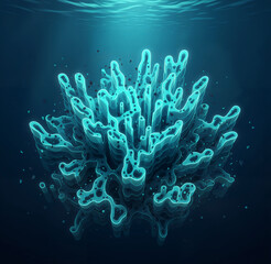Abstract 3D illustration of a vibrant, bioluminescent coral or cellular structure submerged underwater, symbolizing marine biology, tissue engineering, or advanced material growth.
