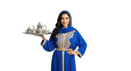Elegant smiling Moroccan woman in blue kaftan holding traditional silver tea set isolated on transparent background