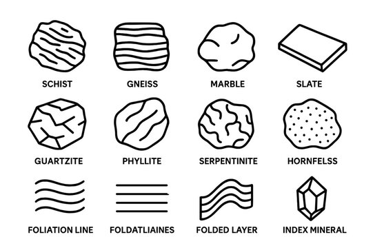 Metamorphic Rock Icons. Metamorphic rocks. Line icon set of metamorphic rocks: schist, gneiss, marble, slate, quartzite, phyllite, serpentinite, hornfels,