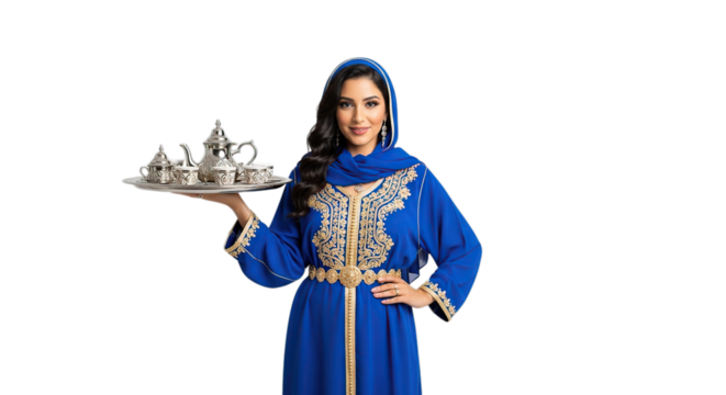 Elegant smiling Moroccan woman in blue kaftan holding traditional silver tea set isolated on transparent background