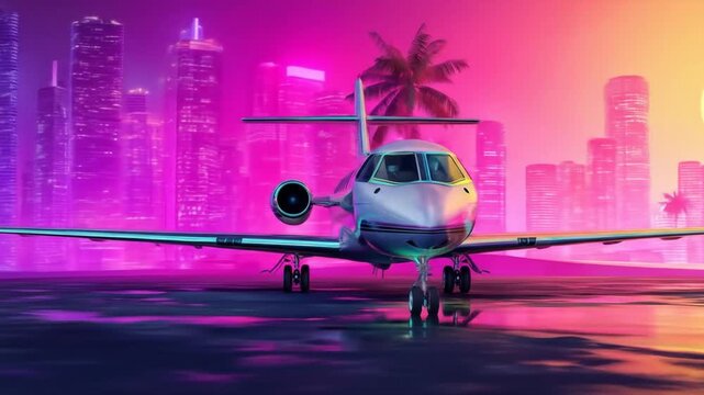 Modern jet airplane on tarmac with city lights background at night