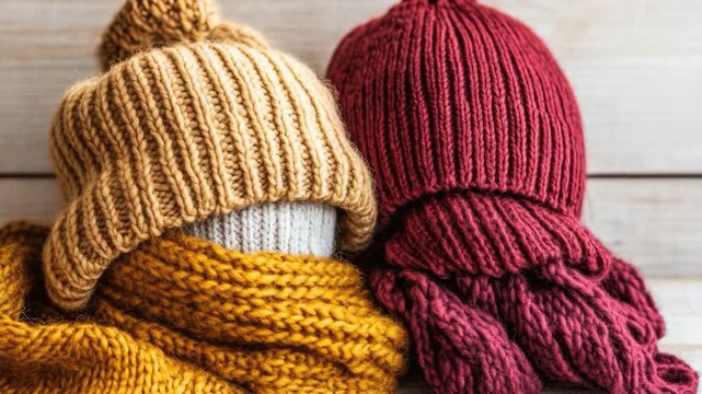 Video A table display of handmade knitted items, including two hats and a scarf