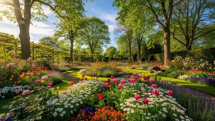 Obraz premium Flower garden with blue sky and trees