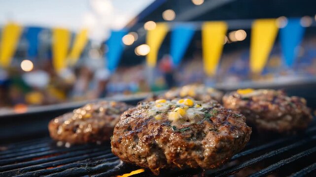 Juicy burgers sizzling with melted cheese, steam rising as football fans cheer nearby, waving flags and wearing colorful game-day attire in front of the stadium