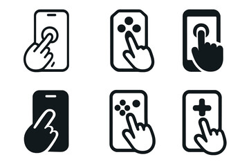 Mobile Gaming Icons. Playing a mobile game on the go. Icon set. Set Logo of mobile gaming: smartphone with touch gestures. harmonious logo variations of the