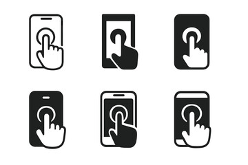 Mobile Gaming Icons. Playing a mobile game on the go. Icon set. Set Logo of mobile gaming: smartphone with touch gestures. harmonious logo variations of the