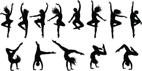dance silhouette poses set, energetic dancer movements, expressive choreography collection, dynamic body motion illustration, performing arts vector design pack