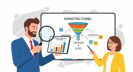 Fototapeta premium Experts Analyzing Digital Marketing Funnel On Presentation Board