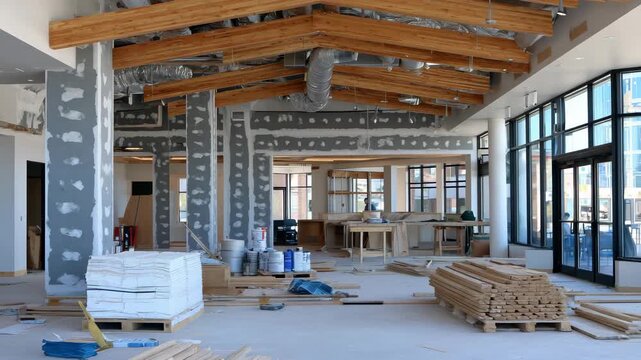 Lincoln, NE commercial building interior under construction, high ceilings with visible mechanical systems, partially finished drywall, natural daylight highlighting texture of wal
