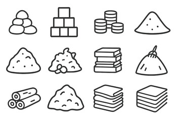 Monoline Icon Set. Heap. Line icon set of Heap: pile of stones, stack of boxes, heap of coins, sand mound, compost pile, garbage heap, book stack, haystack,