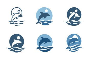 Moonlit Marine Icons. Marine life under moonlit waters. Icon set. Set Logo of marine life under moonlit waters: dolphin under full moon. harmonious logo