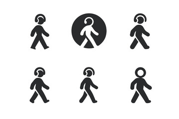 Morning Walk Icons. A person enjoying the quiet of a morning walk. Icon set. Set Logo of morning walk: person with headphones. harmonious logo variations of