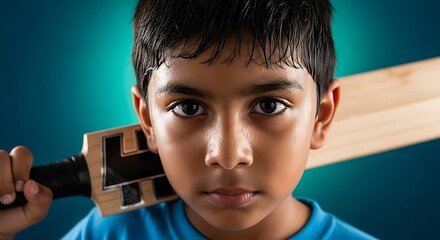 a focused young boy with dark hair holds a cricket bat near his face against a teal background looking directly at the camera intensely high quality