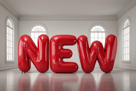 Giant Red Inflatable "NEW" Word Balloons Floating in a Classic White Interior - Grand Opening Concept