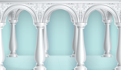 Fototapeta premium White stone arches with baluster columns and blue gradient background realistic